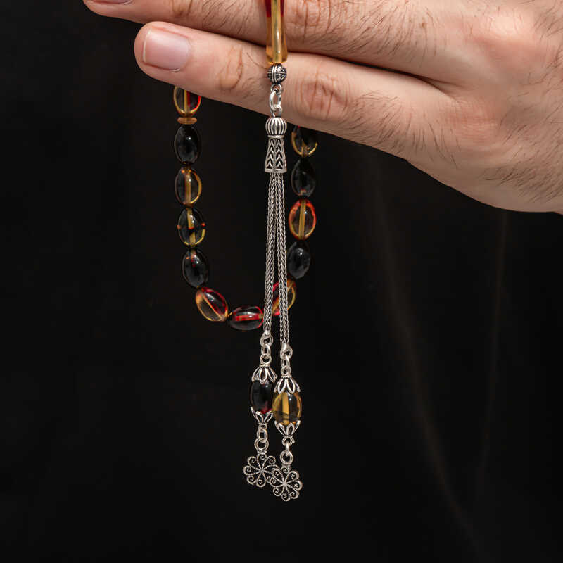 Gümüş Püskül Sıkma Kehribar Tesbih  SL7446