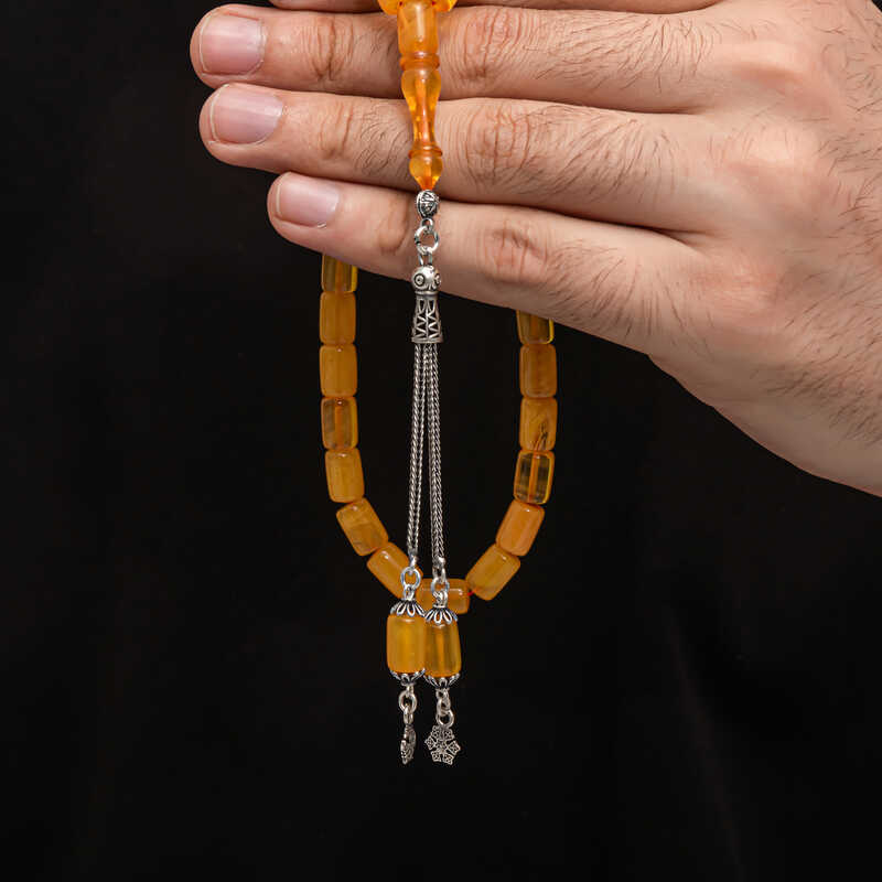 Gümüş Püskül Sıkma Kehribar Tesbih  SL7429