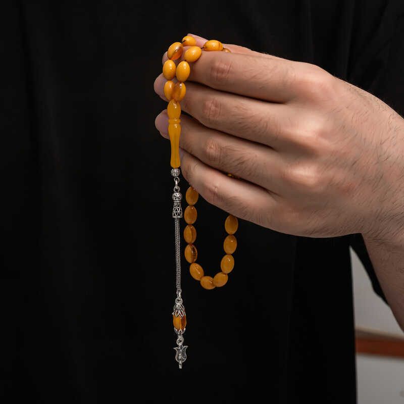 Gümüş Püskül Sıkma Kehribar Tesbih  SL7434