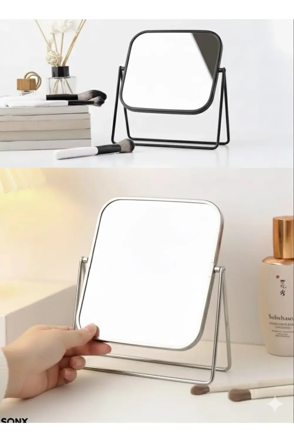 Gümüş Renk Ayarlanabilir KARE Metal Ayaklı Masa Üstü Makyaj Aynas