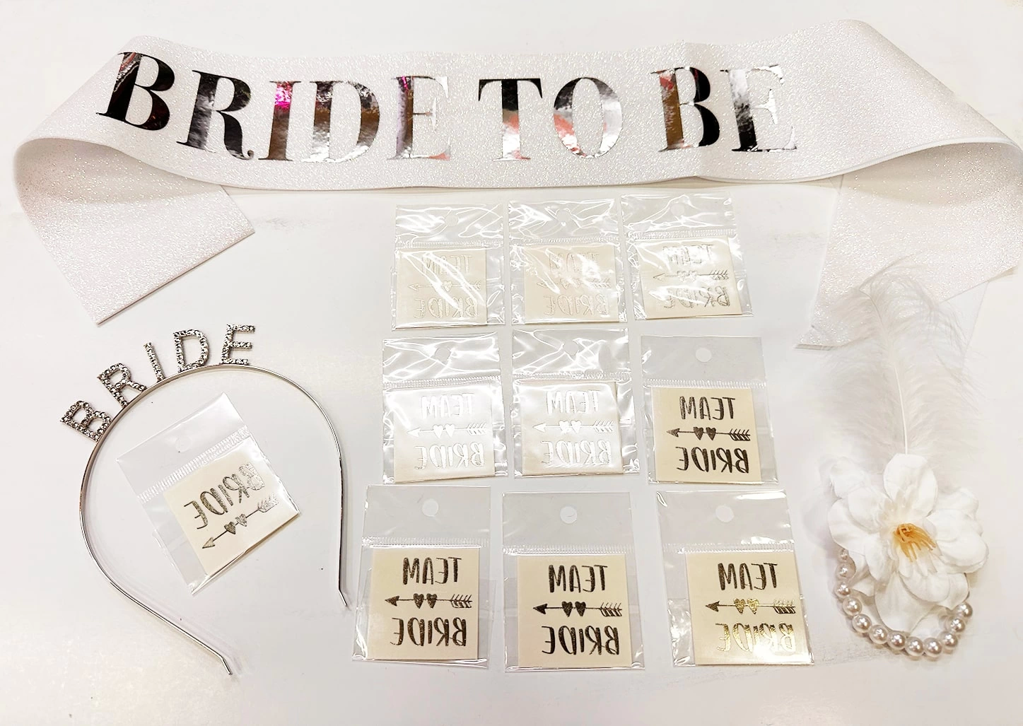 Gümüş Renk Bride Partisi Taç Kuşak Dövme Bileklik Seti Full 13 Pa