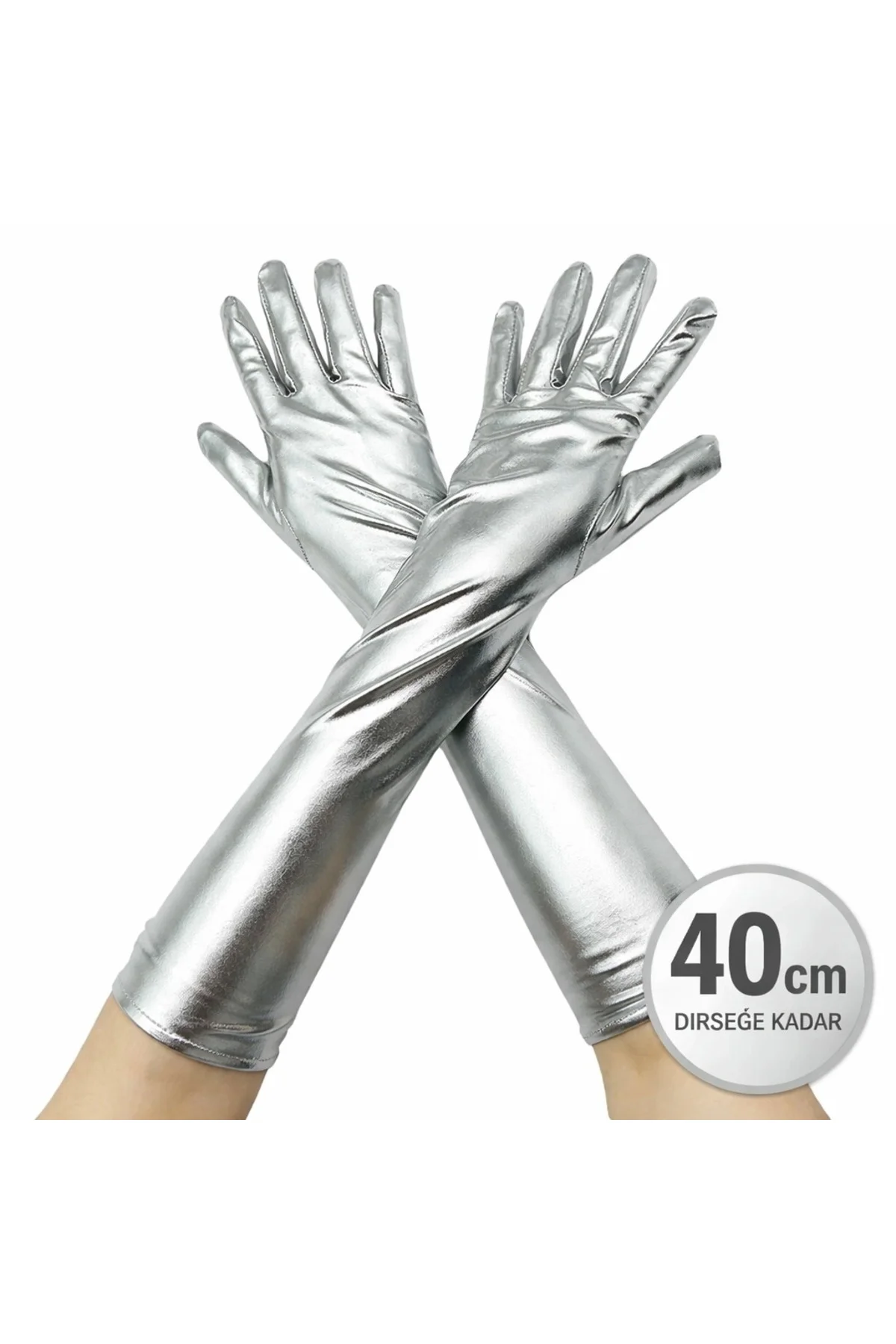 Gümüş Renk Dirsek Altı Lüks Saten Eldiven 40 Cm - Lisinya Gümüş Renk Dirsek Altı Lüks Saten Eldiven 40 Cm - Lisinya
