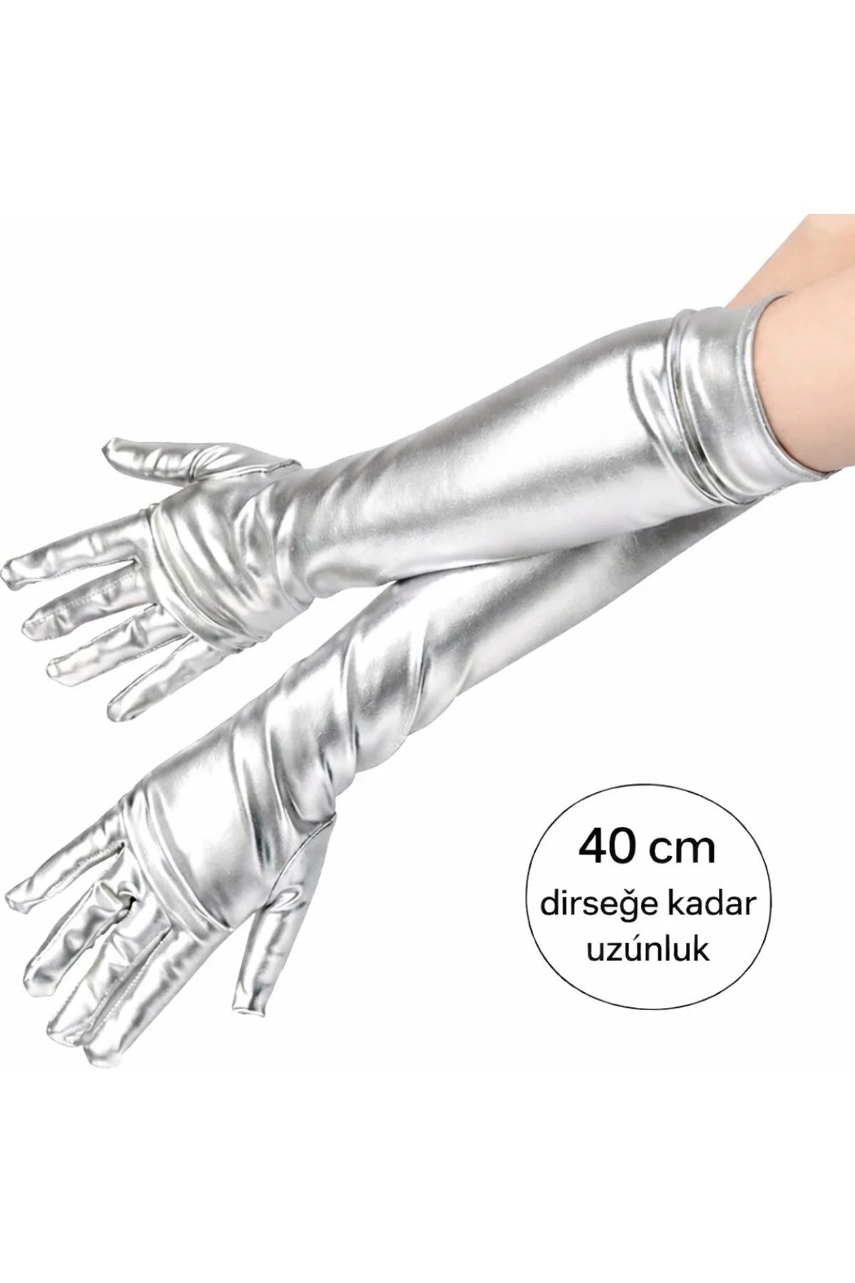 Gümüş Renk Dirsek Altı Lüks Saten Eldiven 40 Cm Gümüş Renk Dirsek Altı Lüks Saten Eldiven 40 Cm