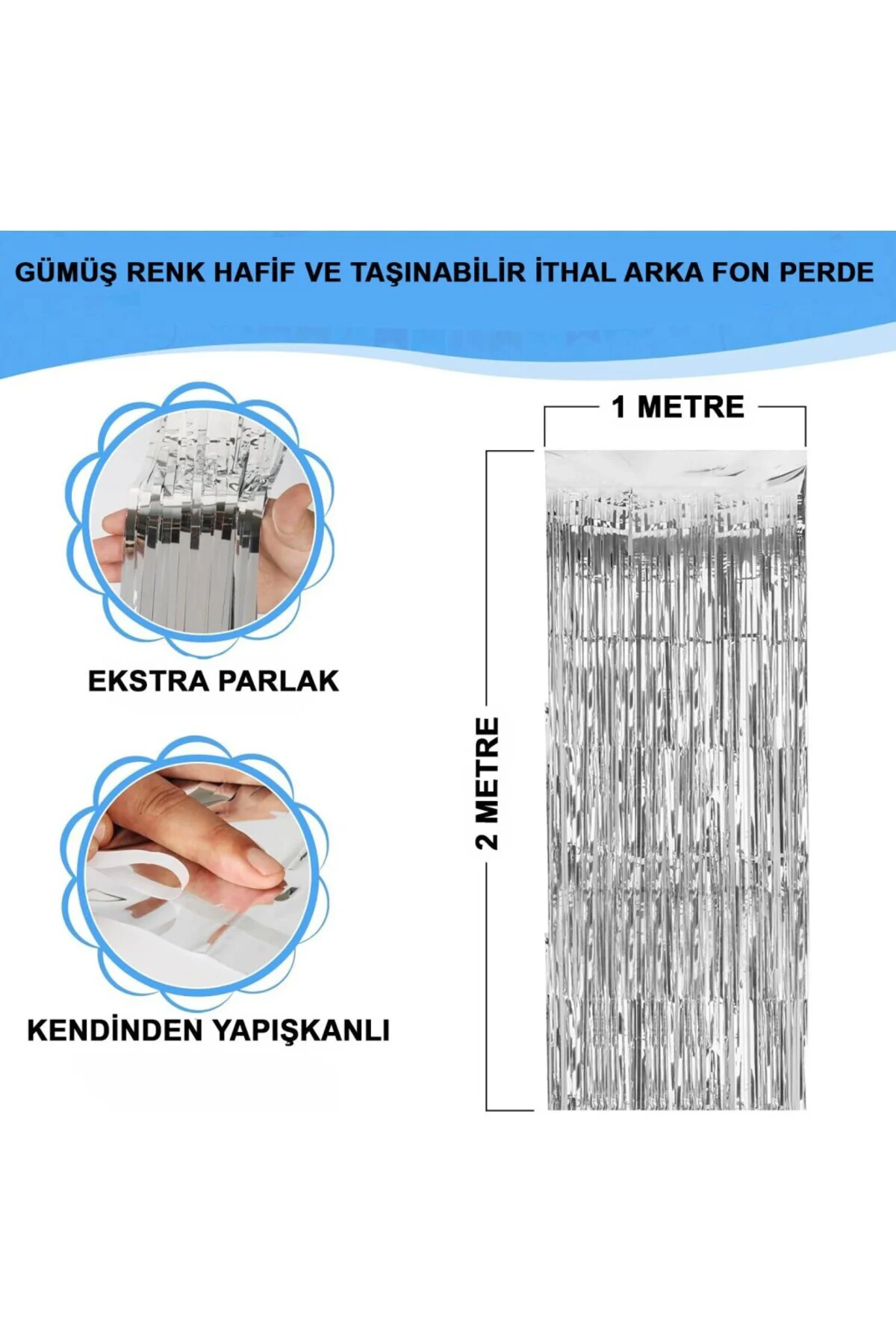 Gümüş Renk Ekstra Metalize Parlak Saçaklı Arka Fon Perde İthal A 
