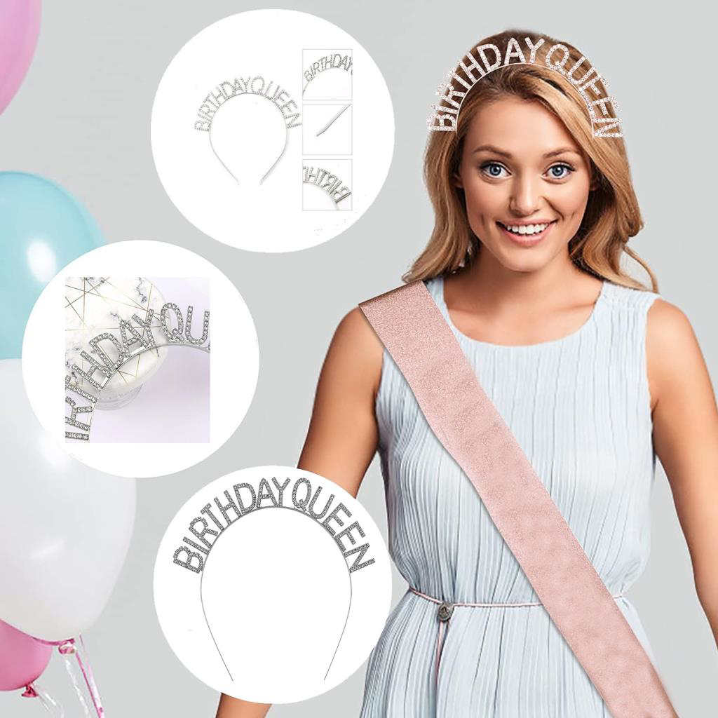 Gümüş Renk Kristal Taşlı Parlak Birthday Queen Yazılı Kraliçe Taç