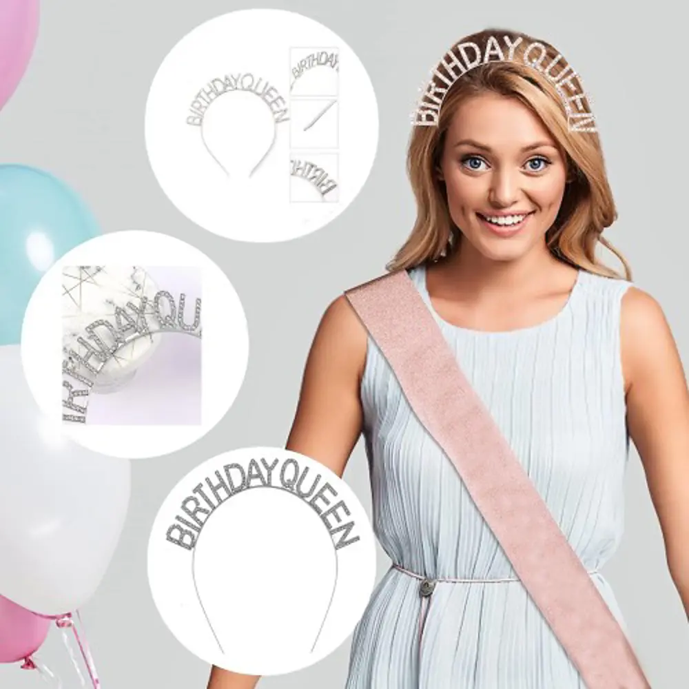 Gümüş Renk Kristal Taşlı Parlak Birthday Queen Yazılı Kraliçe Taç