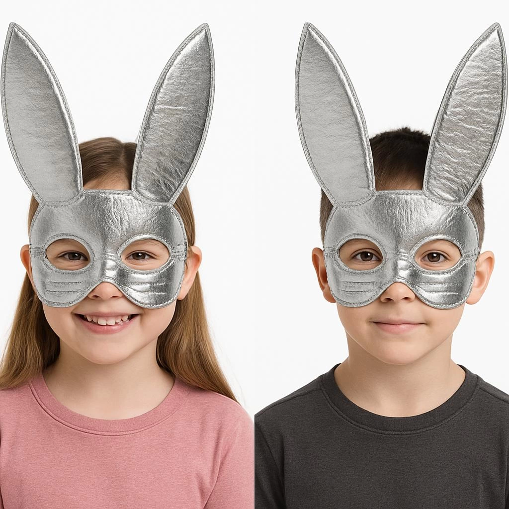 Gümüş Renk Kumaş Malzemeden İmal Tavşan Maskesi 25x17 Cm