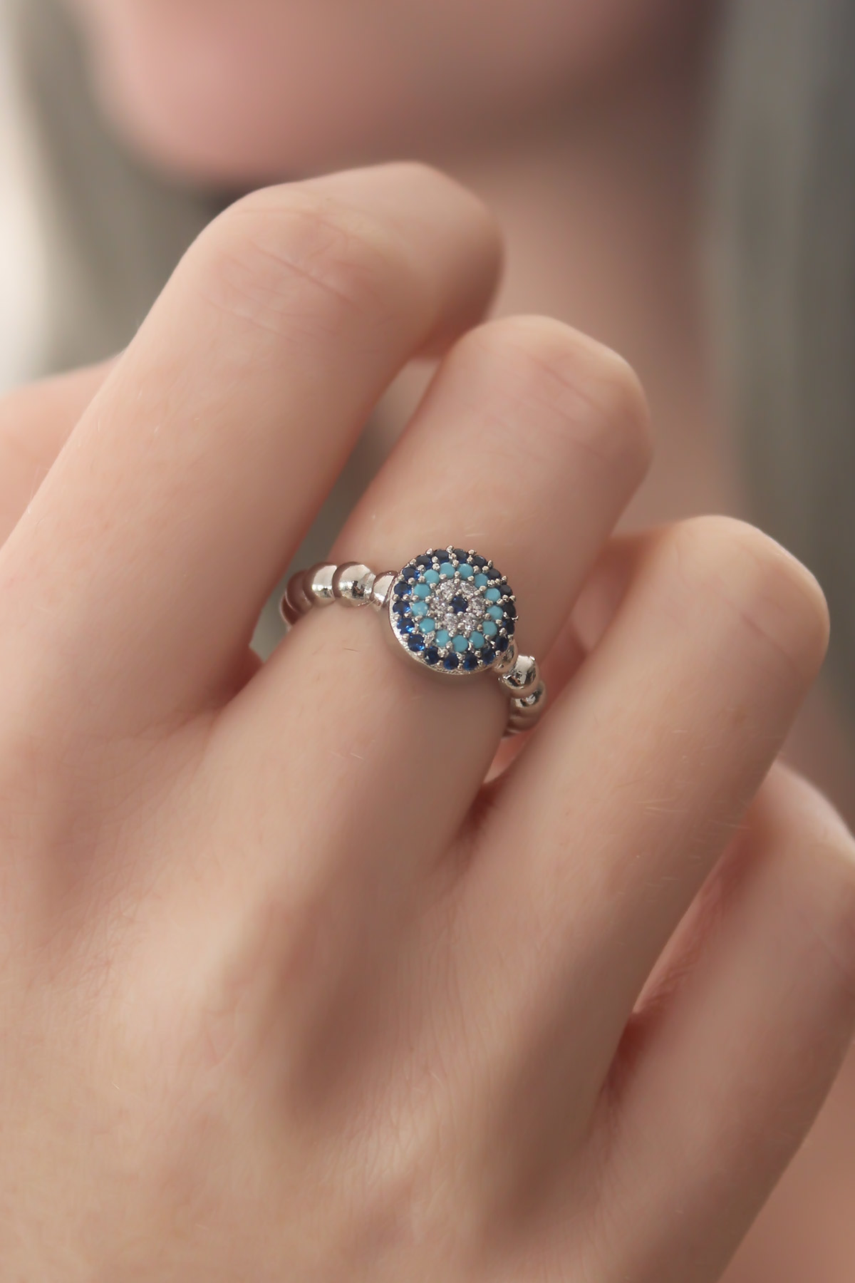 Stillove Gümüş Renk Nazar Boncuk Figür Zirkon Taş Detay Kadın Yüzük Sl5817