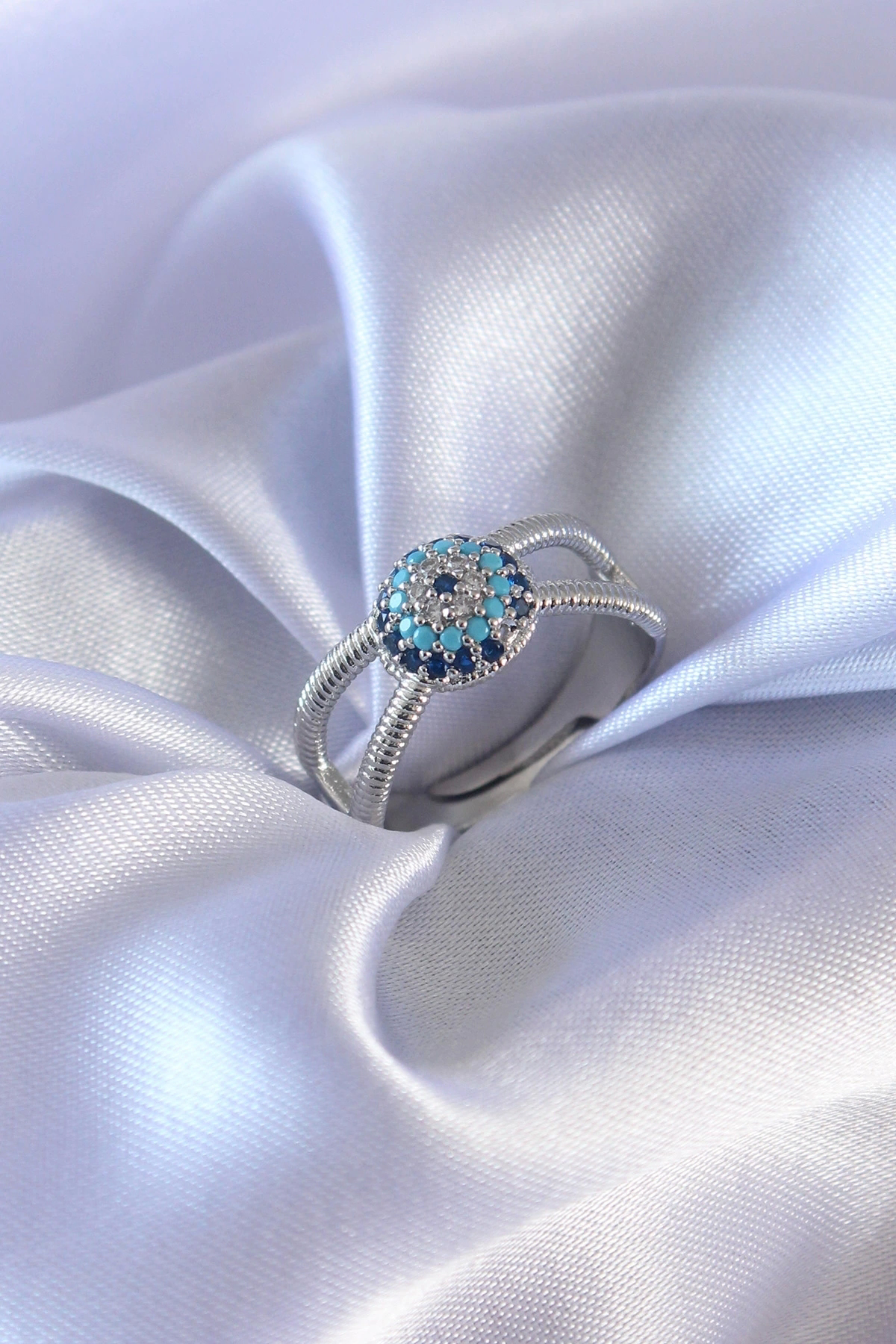 Butik Gümüş Renk Nazar Boncuk Model Kadın Yüzük