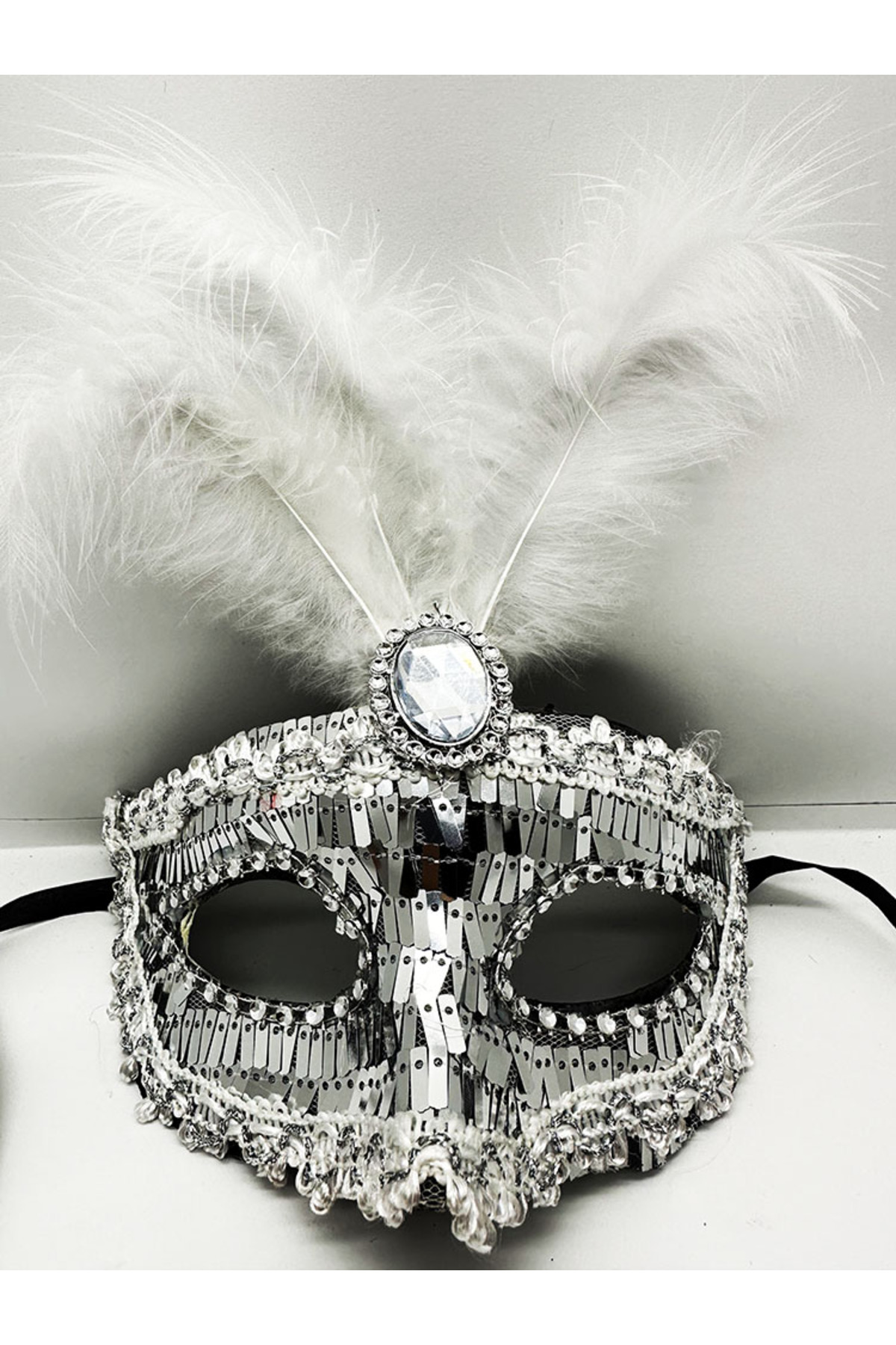 Ok Aksesuar Gümüş Renk Payetli Pullu Tüylü Parti Maskesi 17X20 Cm Go506086801