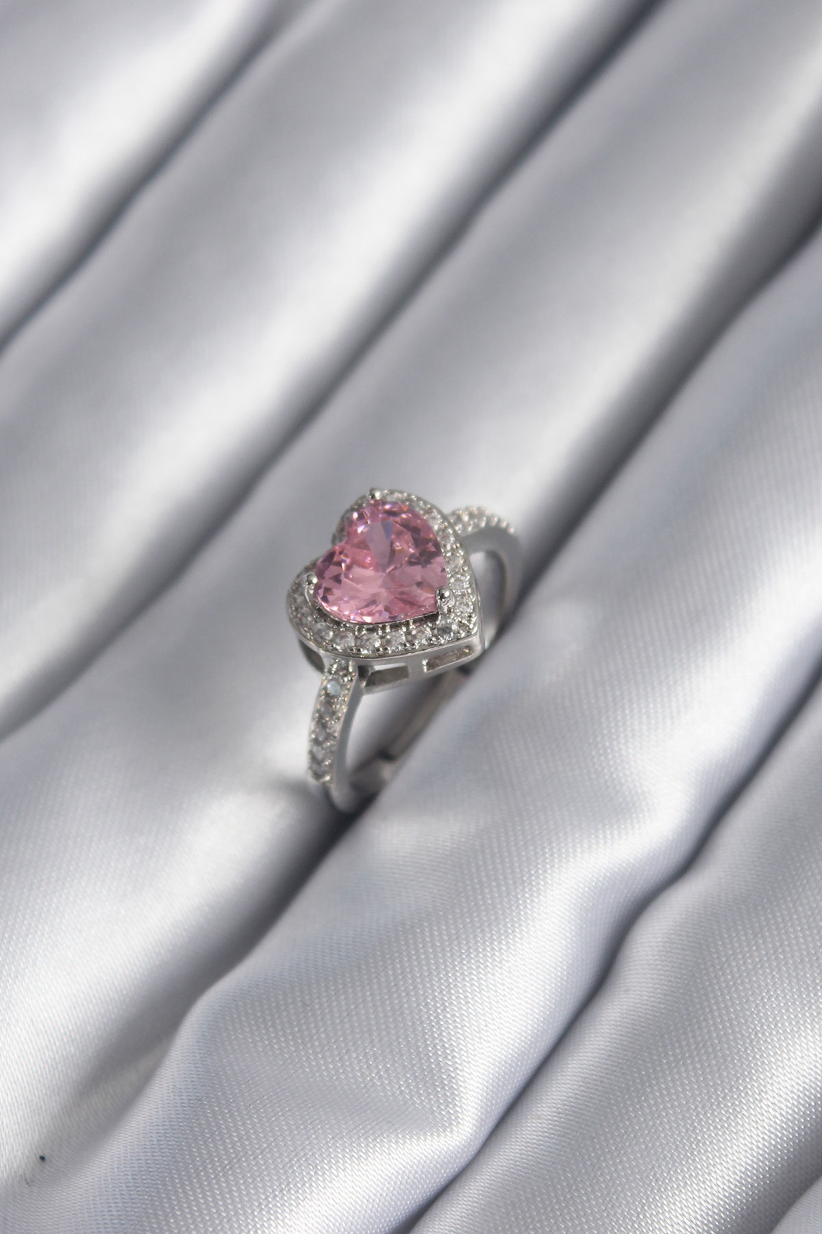 Gümüş Renk Pembe Zirkon Taşlı Charm Kalp Model Kadın Yüzük - TJ-B