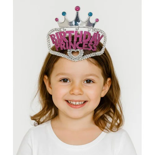 Gümüş Renk Pembe Birthday Princess Yazılı Çocuk Parti Tacı 11x12 