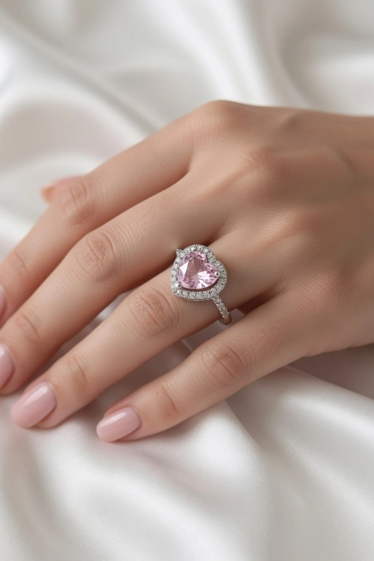 Gümüş Renk Pembe Zirkon Taşlı Kalp Charm Model Pirinç Kadın Yüzük