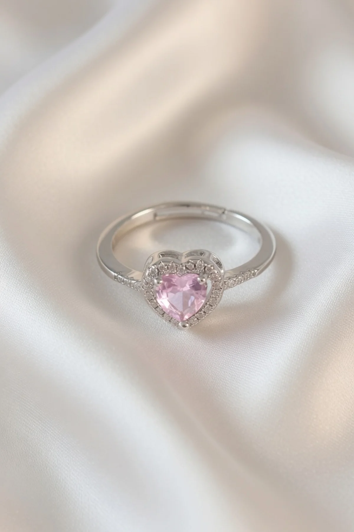 Gümüş Renk Pembe Zirkon Taşlı Kalp Charm Model Pirinç Kadın Yüzük