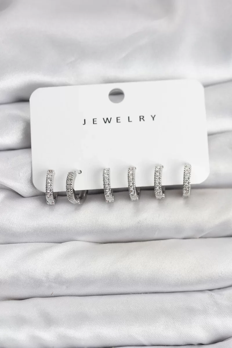 Gümüş Renk Pirinç Zirkon Taşlı Halka Kadın Küpe Seti - Lisinya