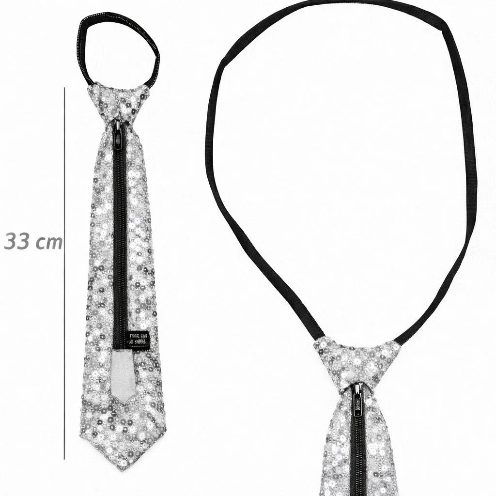 Gümüş Renk Pul Payetli Işıltılı Parti Kravatı - Fermuarlı Ayarlanabilir 33 Cm
