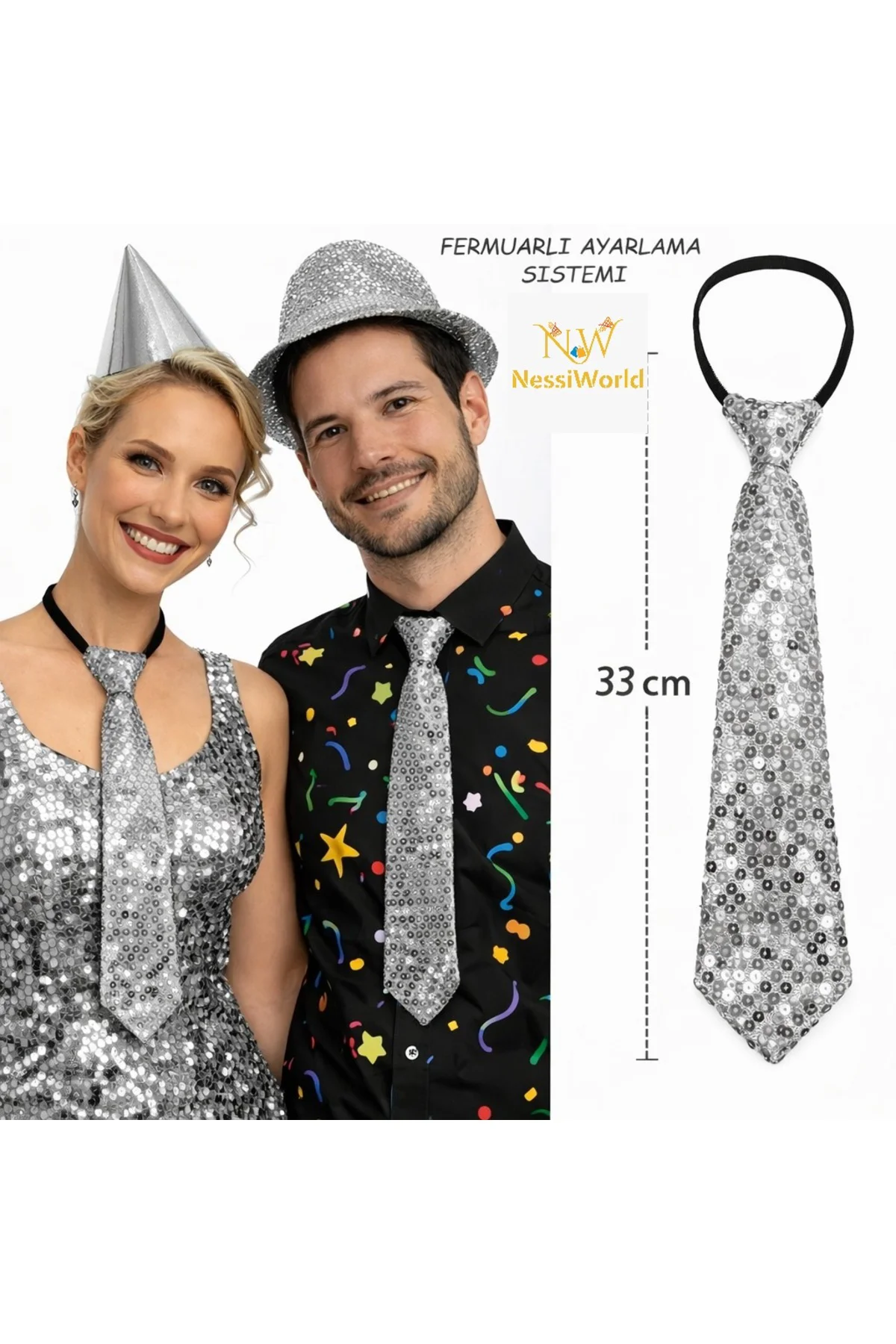 Gümüş Renk Pul Payetli Işıltılı Parti Kravatı 33 cm