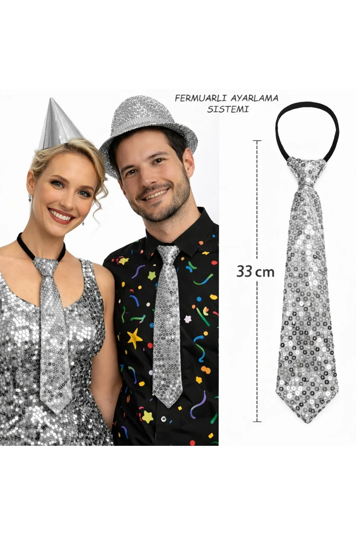 Gümüş Renk Pul Payetli Işıltılı Parti Kravatı 33 Cm Gümüş Renk Pul Payetli Işıltılı Parti Kravatı 33 Cm
