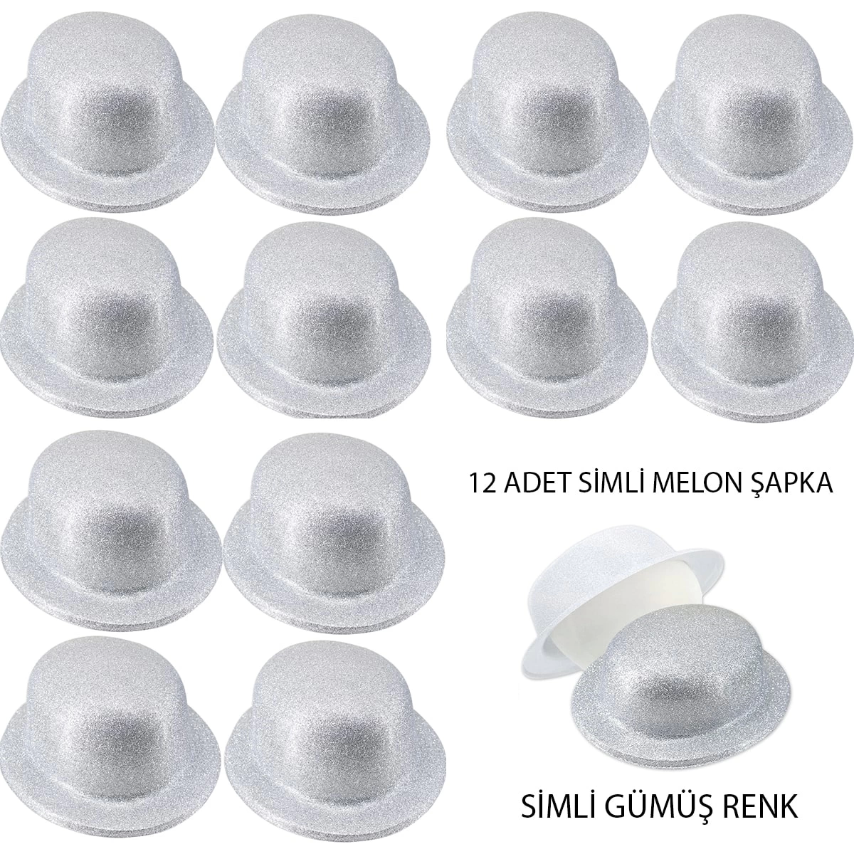 Gümüş Renk Simli Melon Yulak Parti Şapkası 12 Adet