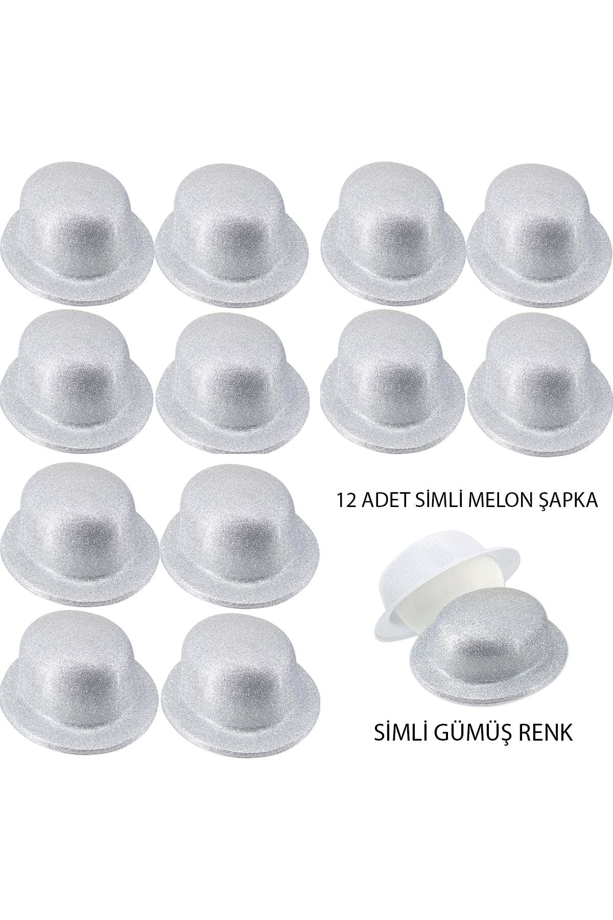 Colezium Gümüş Renk Simli Melon Yuvarlak Parti Şapkası 12 Adet