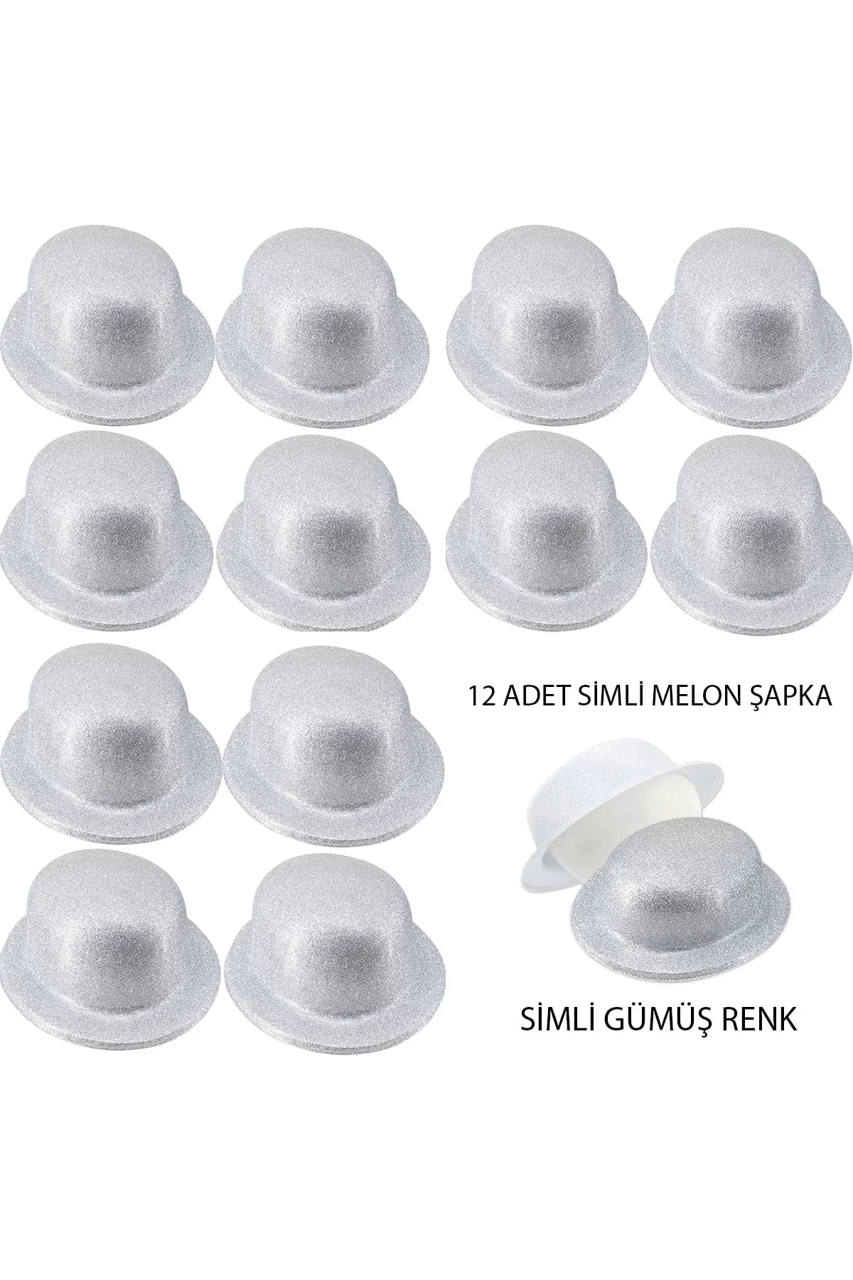 Gümüş Renk Simli Melon Yuvarlak Parti Şapkası 12 Adet Gümüş Renk Simli Melon Yuvarlak Parti Şapkası 12 Adet
