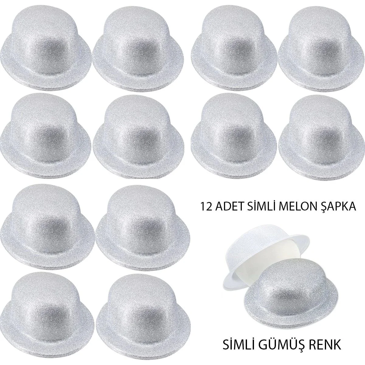 Gümüş Renk Simli Melon Yuvarlak Parti Şapkası 12 Adet - Doğum Güni ve Karnaval Aksesuarı Fiyatı, Yorumları ve Özellikleri
