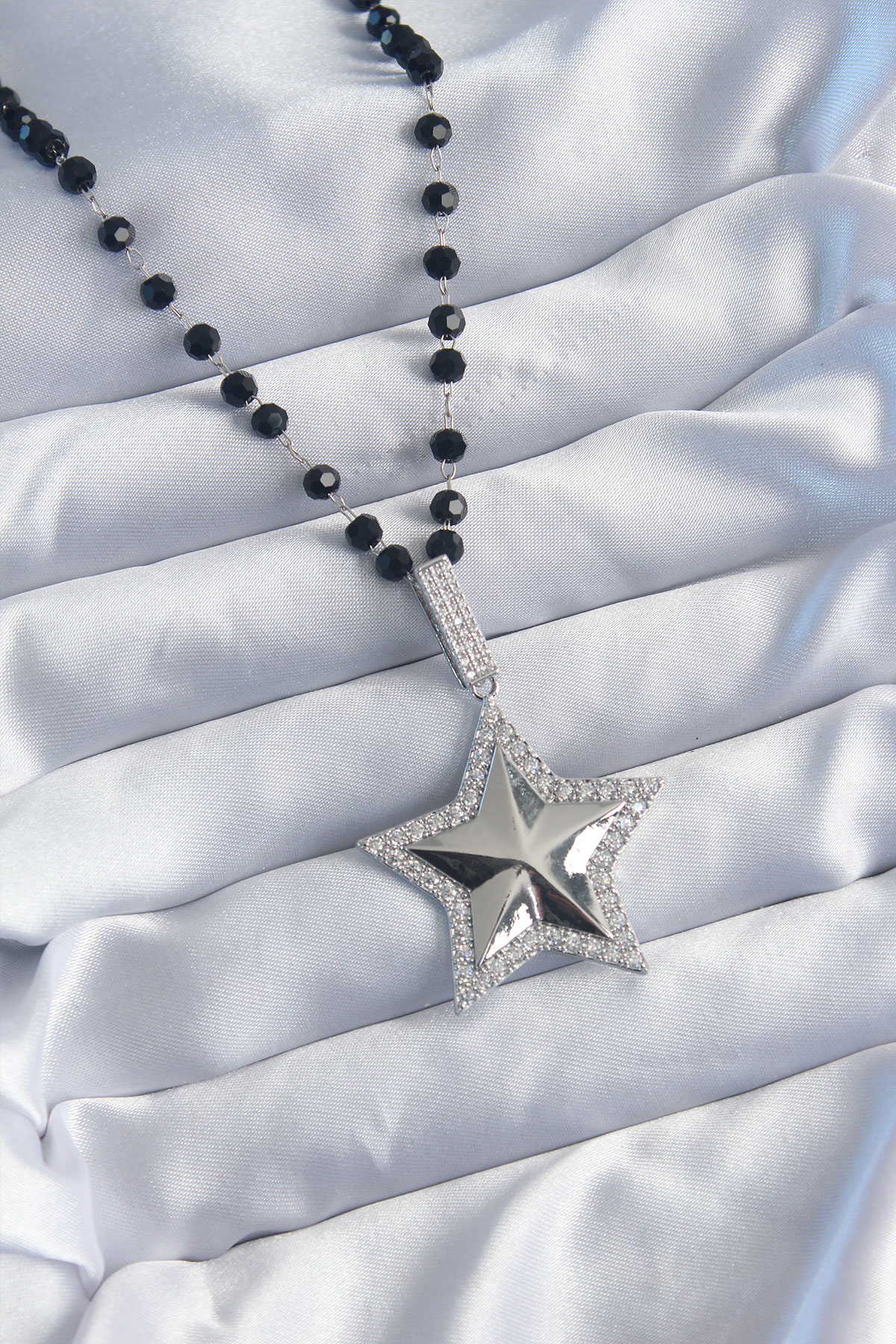 Gümüş Renk Siyah Boncuk Zirkon Taşlı Pirinç Yıldız Model VİP Seri