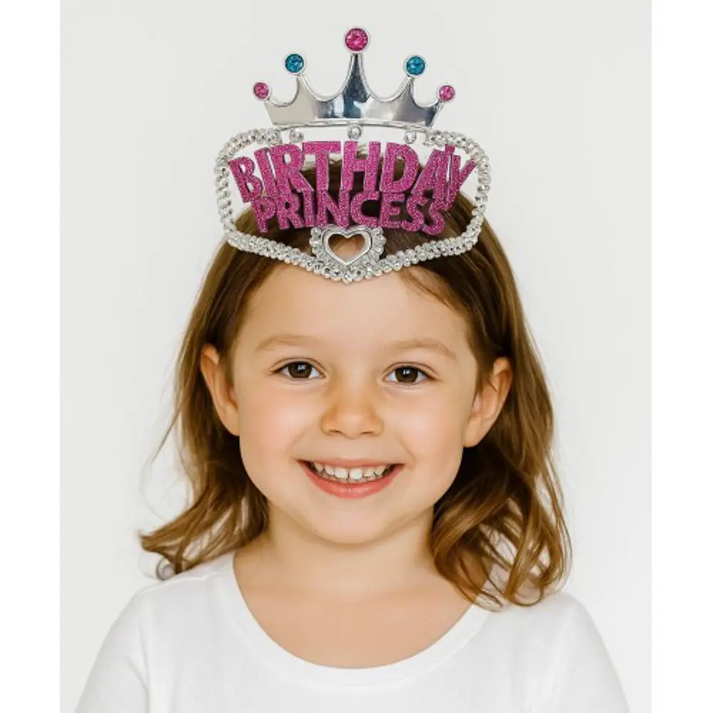 Gümüş Renk Taç Üzeri Pembe Birthday Prenses Yazılı Çocuk Parti Ta