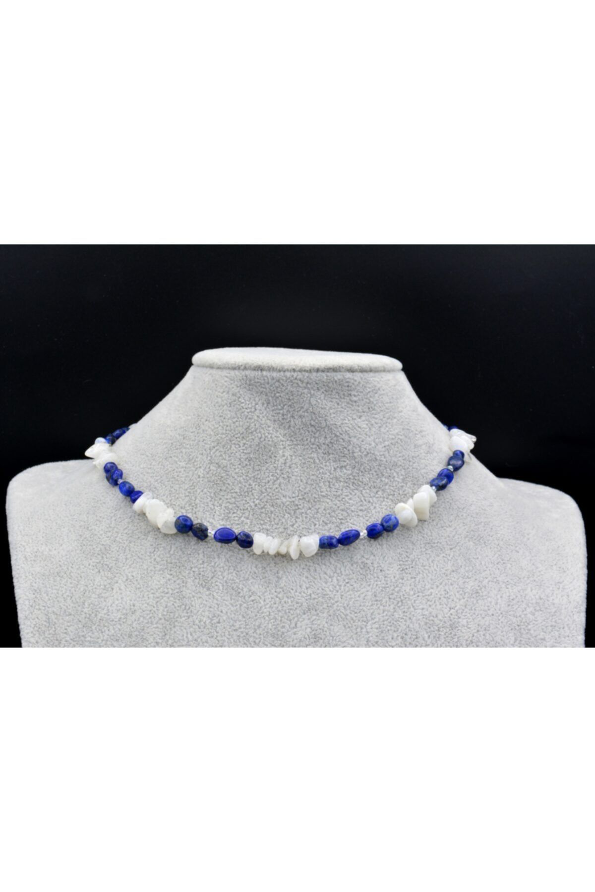Gümüş Renk Tasarım Doğal Lapis Lazuli Ve Ay Taşı Kolye