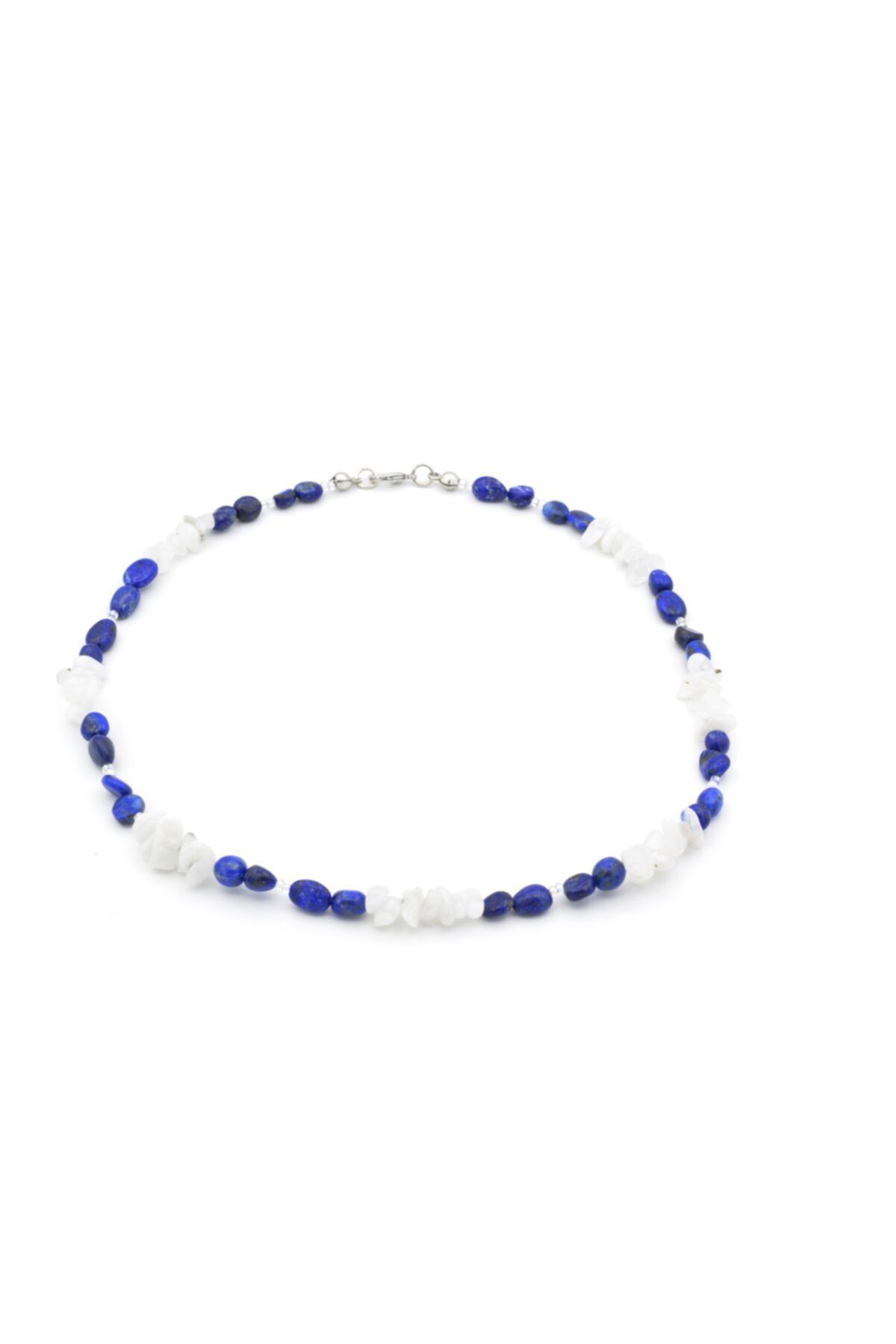 Gümüş Renk Tasarım Doğal Lapis Lazuli Ve Ay Taşı Kolye