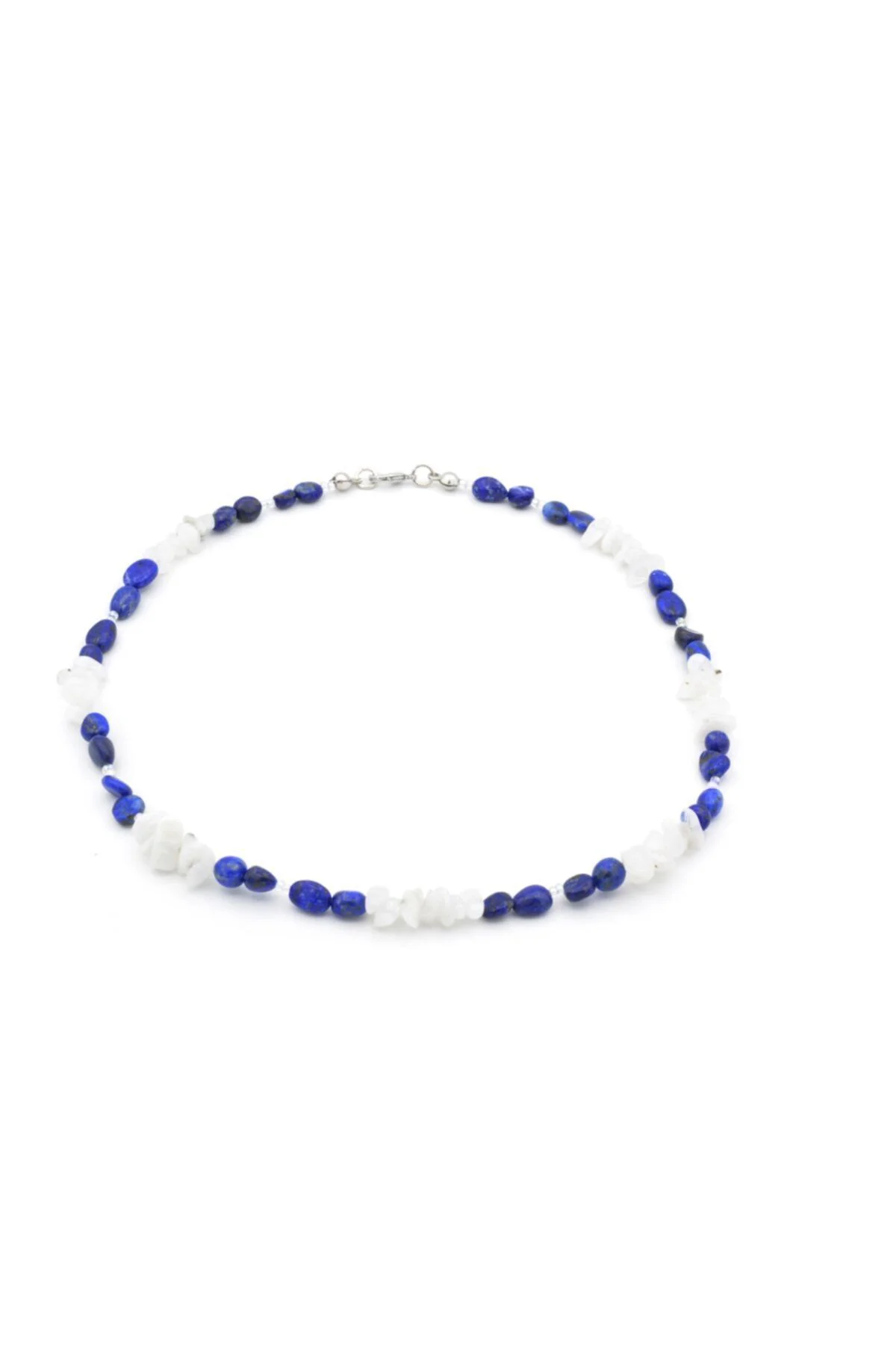 Gümüş Renk Tasarım Doğal Lapis Lazuli Ve Ay Taşı Kolye