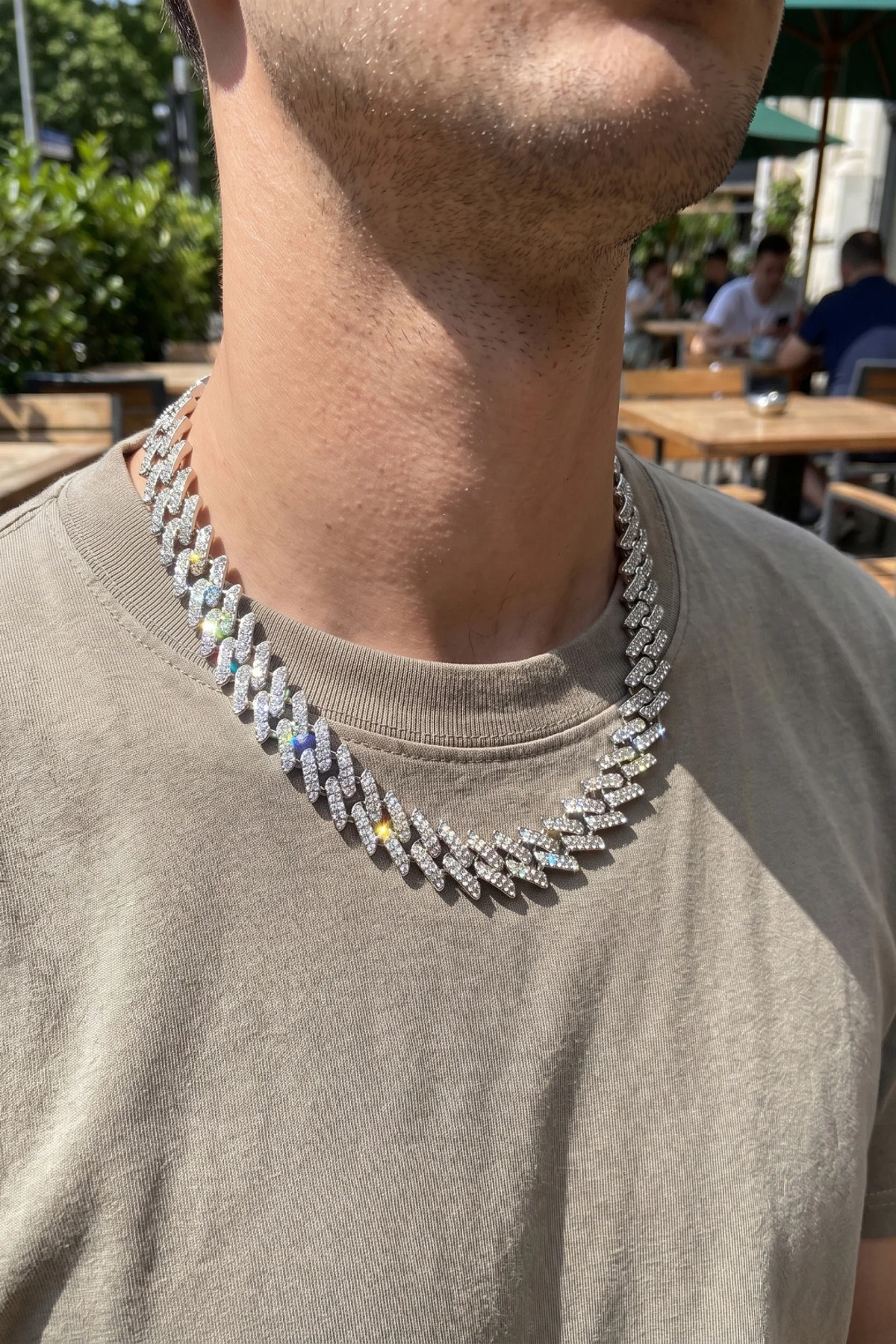Gümüş Renk Zirkon Taşlı Cuba Zincir Model Erkek Kolye - Görsel 2