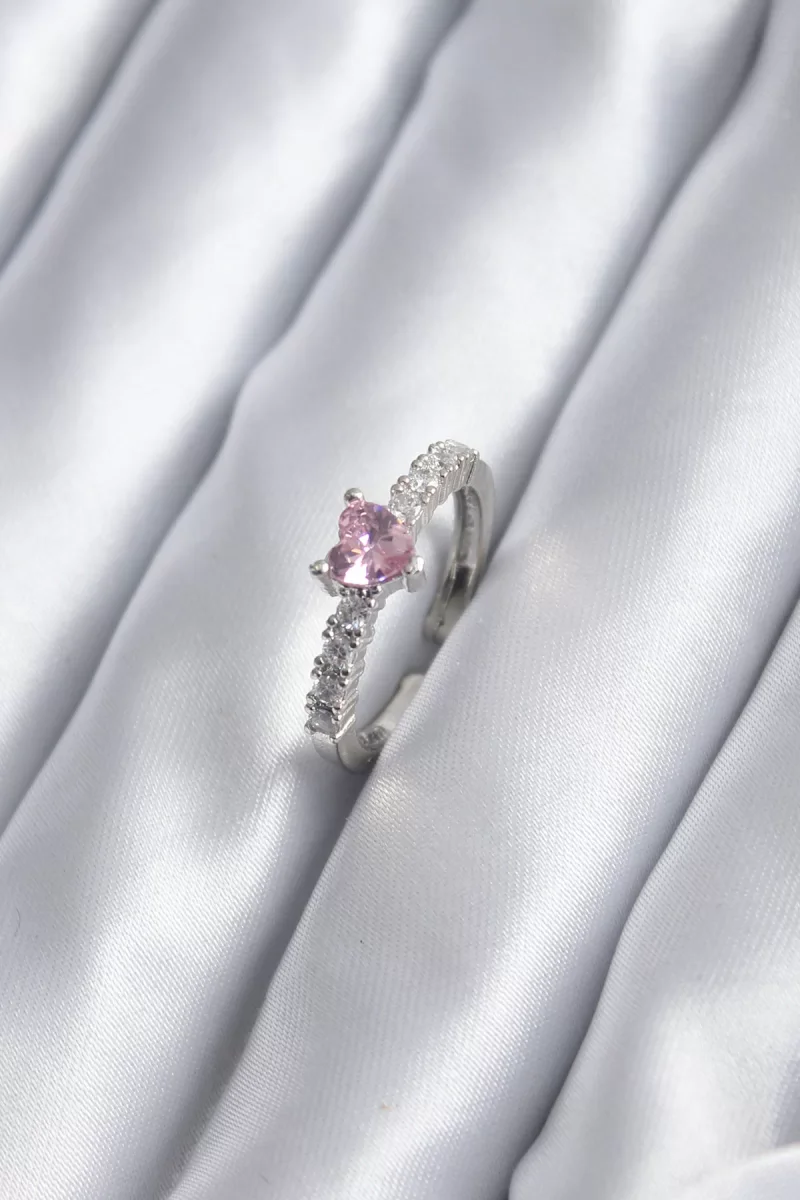 Gümüş Renk Zirkon Taşlı Pembe Kristal Kalp Model Kadın Yüzük - Lisinya