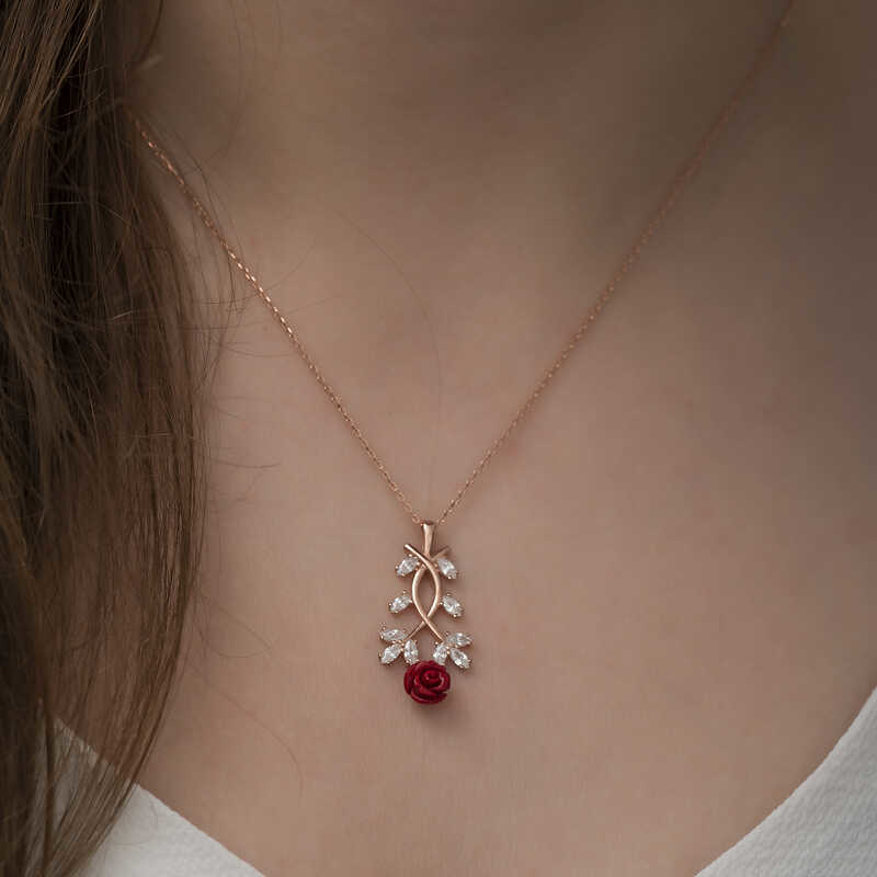 Gümüş Rose Kırmızı Gül Kolye SL3801 Gümüş Rose Kırmızı Gül Kolye SL3801