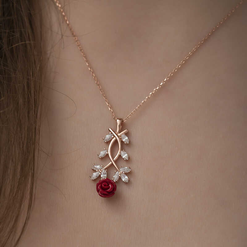 Gümüş Rose Kırmızı Gül Kolye SL3801 Gümüş Rose Kırmızı Gül Kolye SL3801