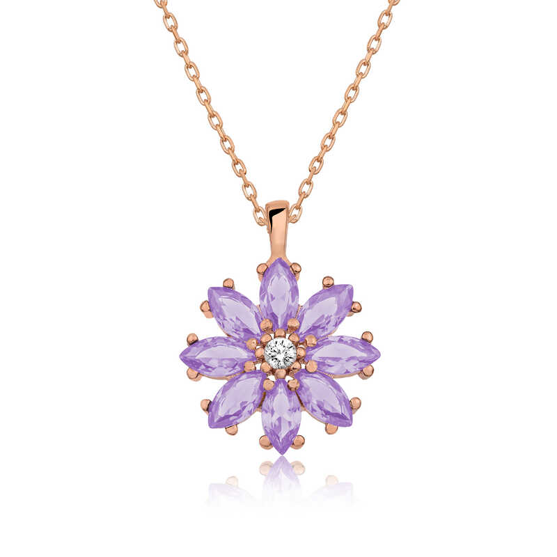 Gümüş Rose Lila Çiçek Kolye SL3762