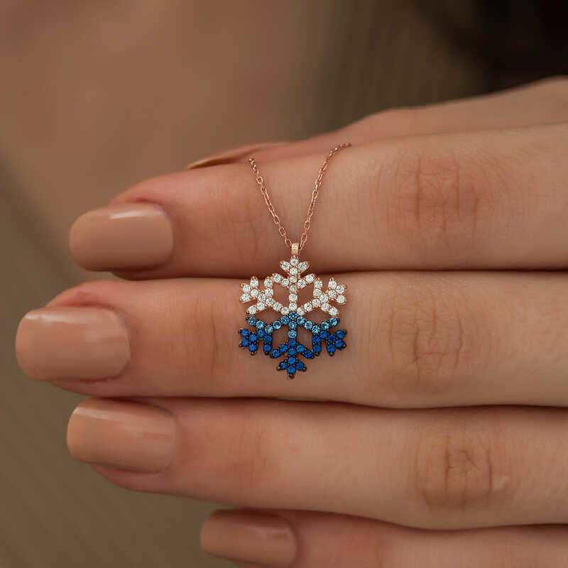 Gümüş Rose Mavi Taşlı Kar Tanesi Kolye SL3632 Gümüş Rose Mavi Taşlı Kar Tanesi Kolye SL3632