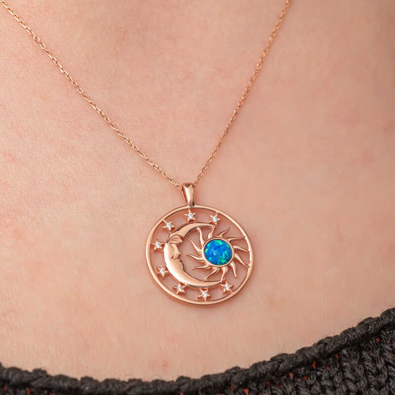 Gümüş Rose Opal Mavi Taşlı Ay Güneş Kadın Kolye  SL7285