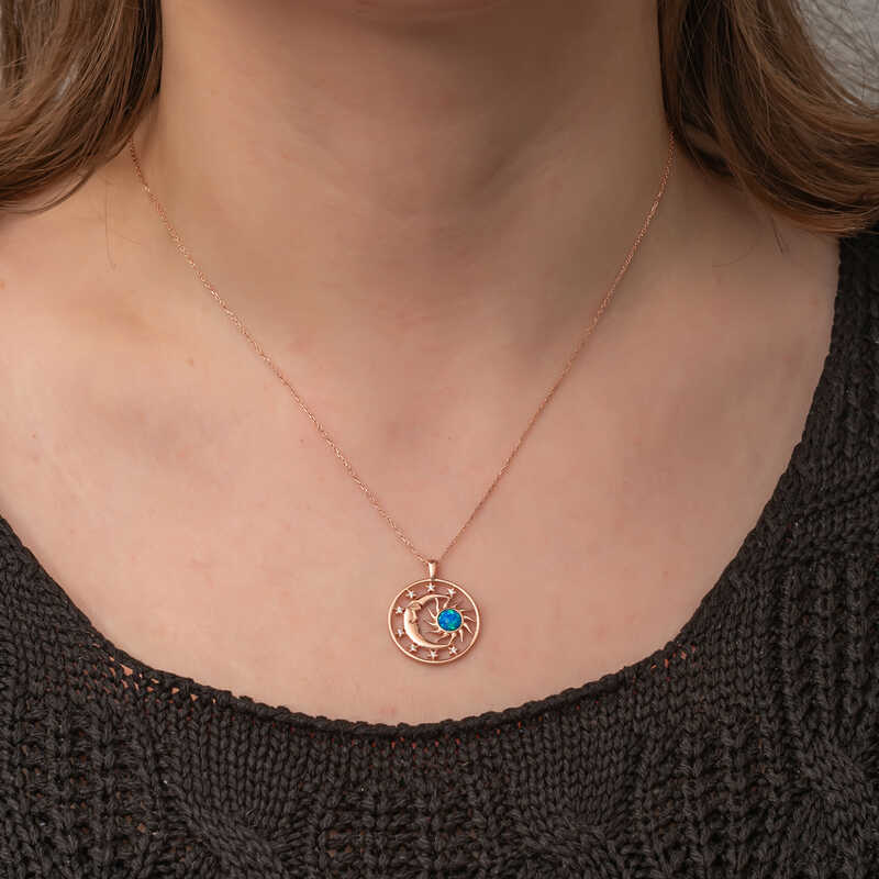 Gümüş Rose Opal Mavi Taşlı Ay Güneş Kadın Kolye  SL7285