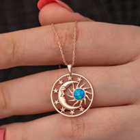 Gümüş Rose Opal Mavi Taşlı Ay Güneş Kadın Kolye  SL7285