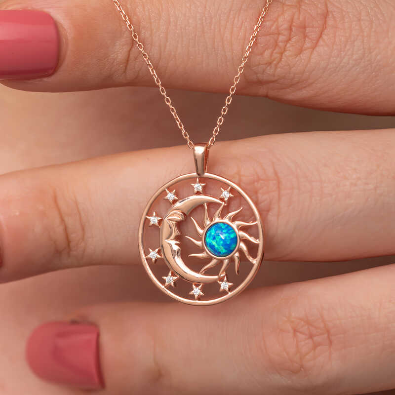Gümüş Rose Opal Mavi Taşlı Ay Güneş Kadın Kolye  SL7285