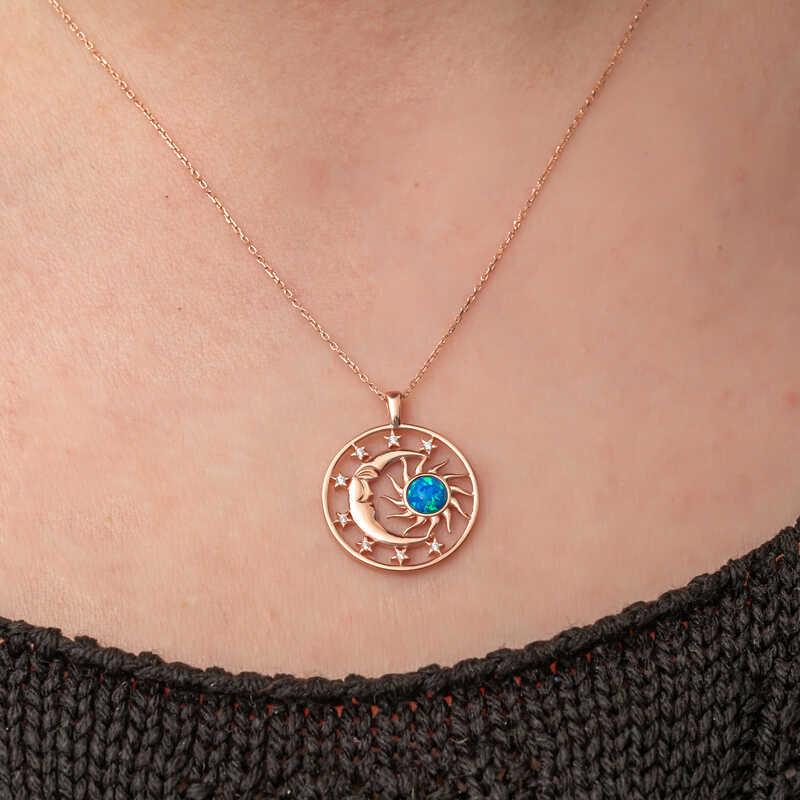 Gümüş Rose Opal Mavi Taşlı Ay Güneş Kadın Kolye  SL7285