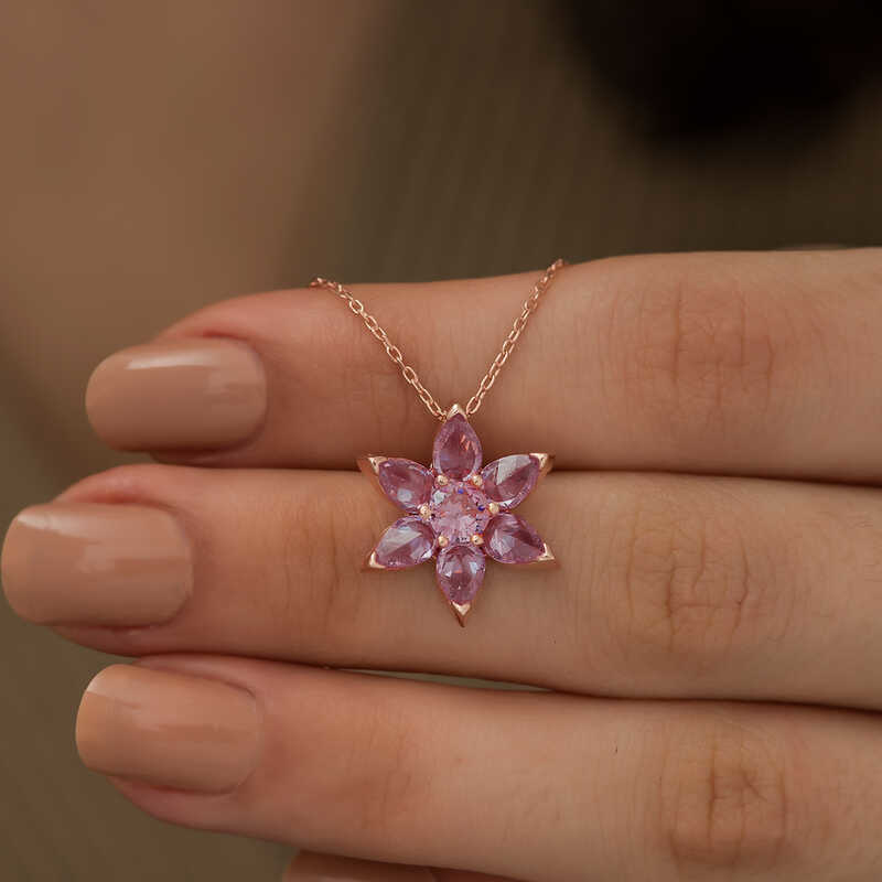 Gümüş Rose Pembe Çiçek Kolye SL2734
