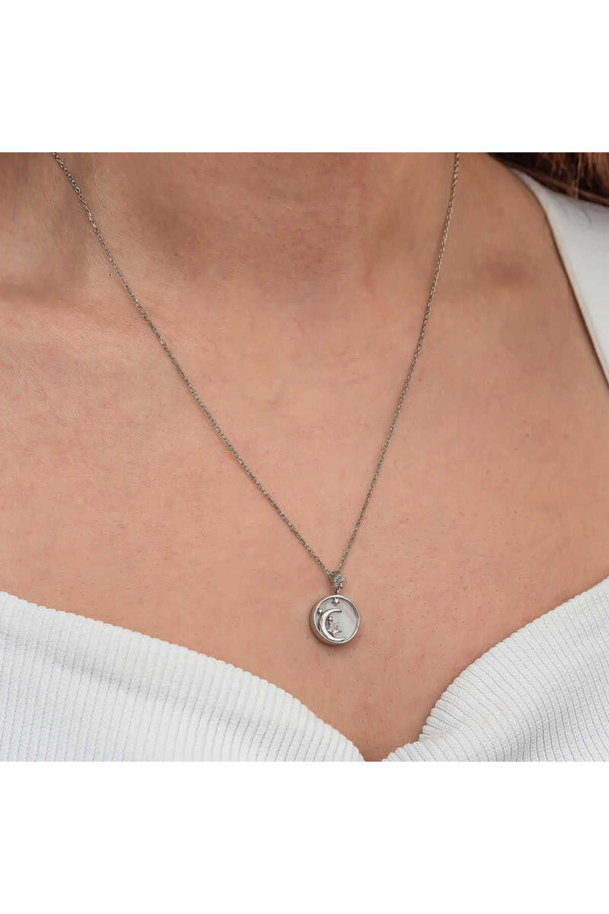 Oniks Gümüş Sedef Taşlı Ay Yıldız Hilal Kadın Kolye