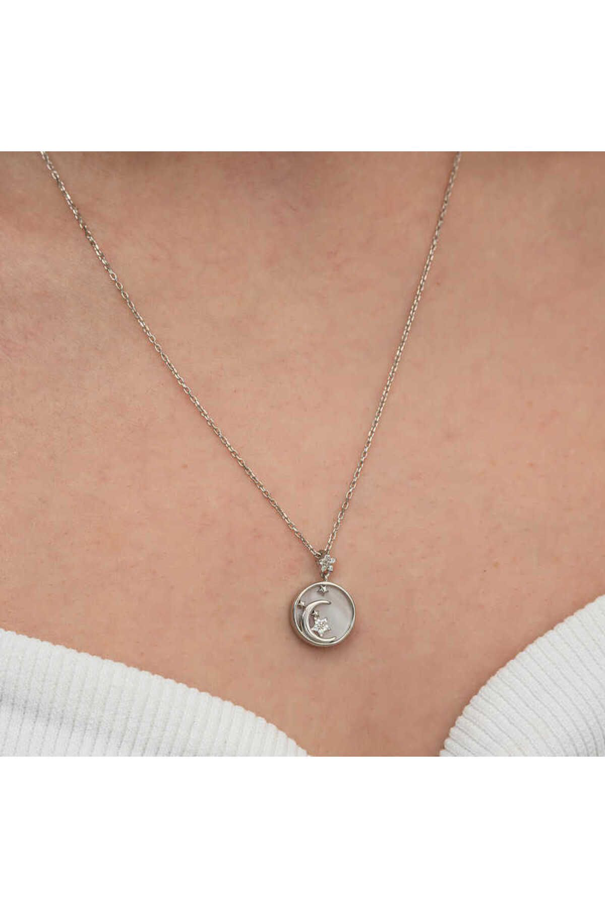 Oniks Gümüş Sedef Taşlı Ay Yıldız Hilal Kadın Kolye