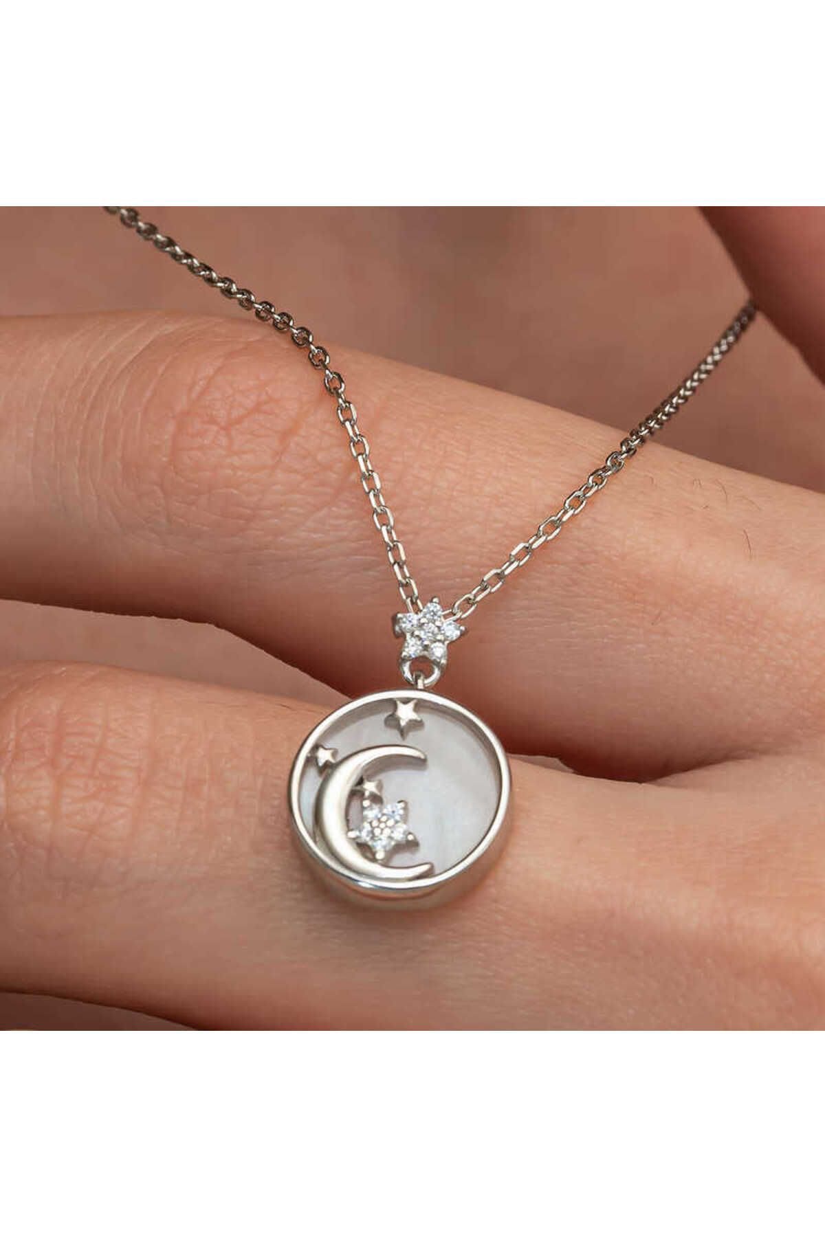 Oniks Gümüş Sedef Taşlı Ay Yıldız Hilal Kadın Kolye