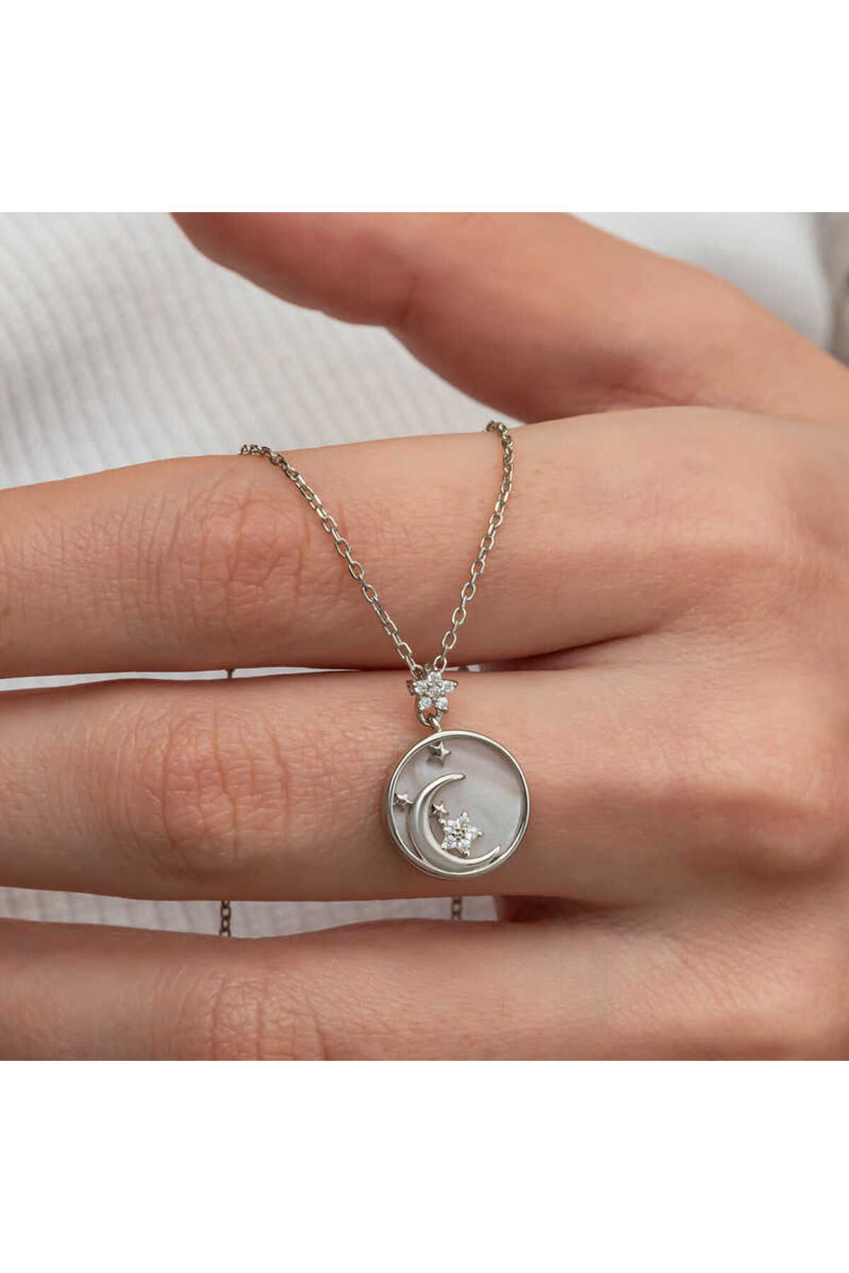Oniks Gümüş Sedef Taşlı Ay Yıldız Hilal Kadın Kolye
