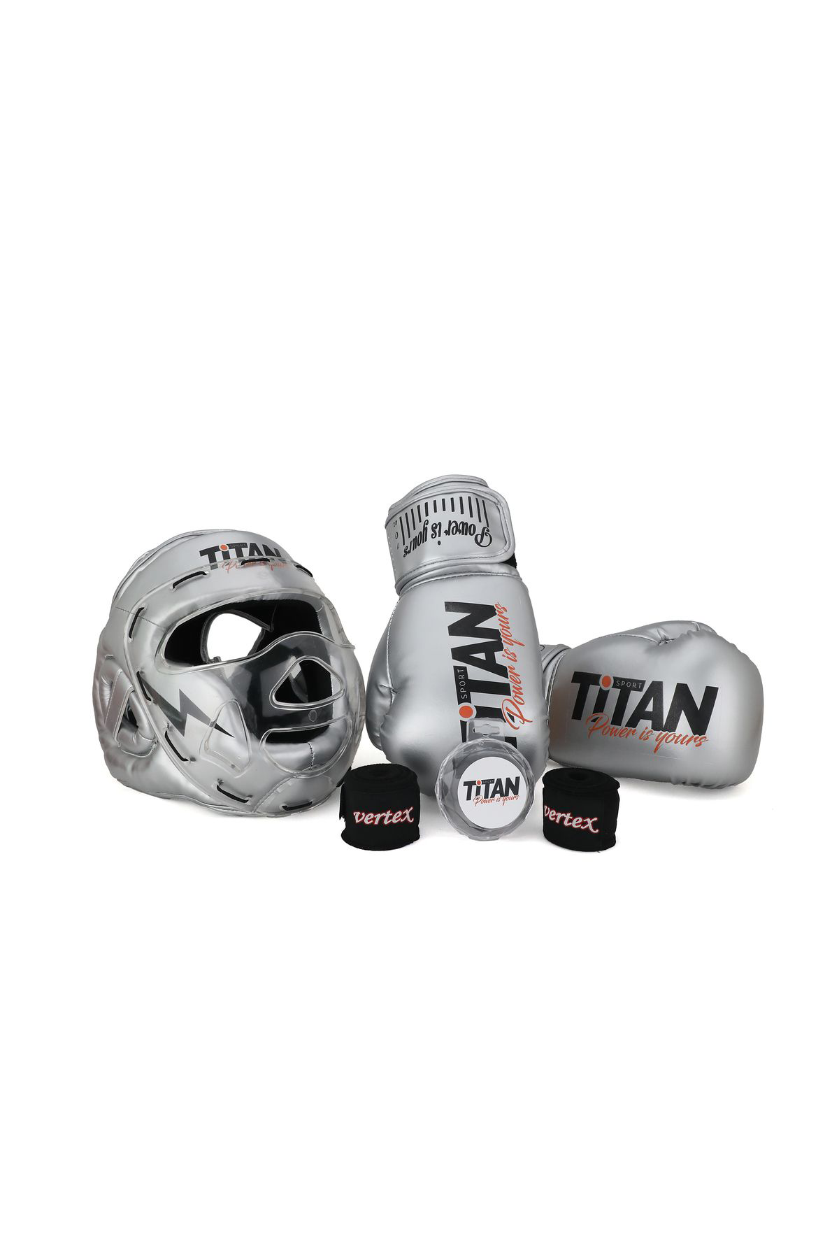 Titan Sport Gümüş (Silver) Serisi Özel Takim Set , Camli Boks Kaski, Boks Eld