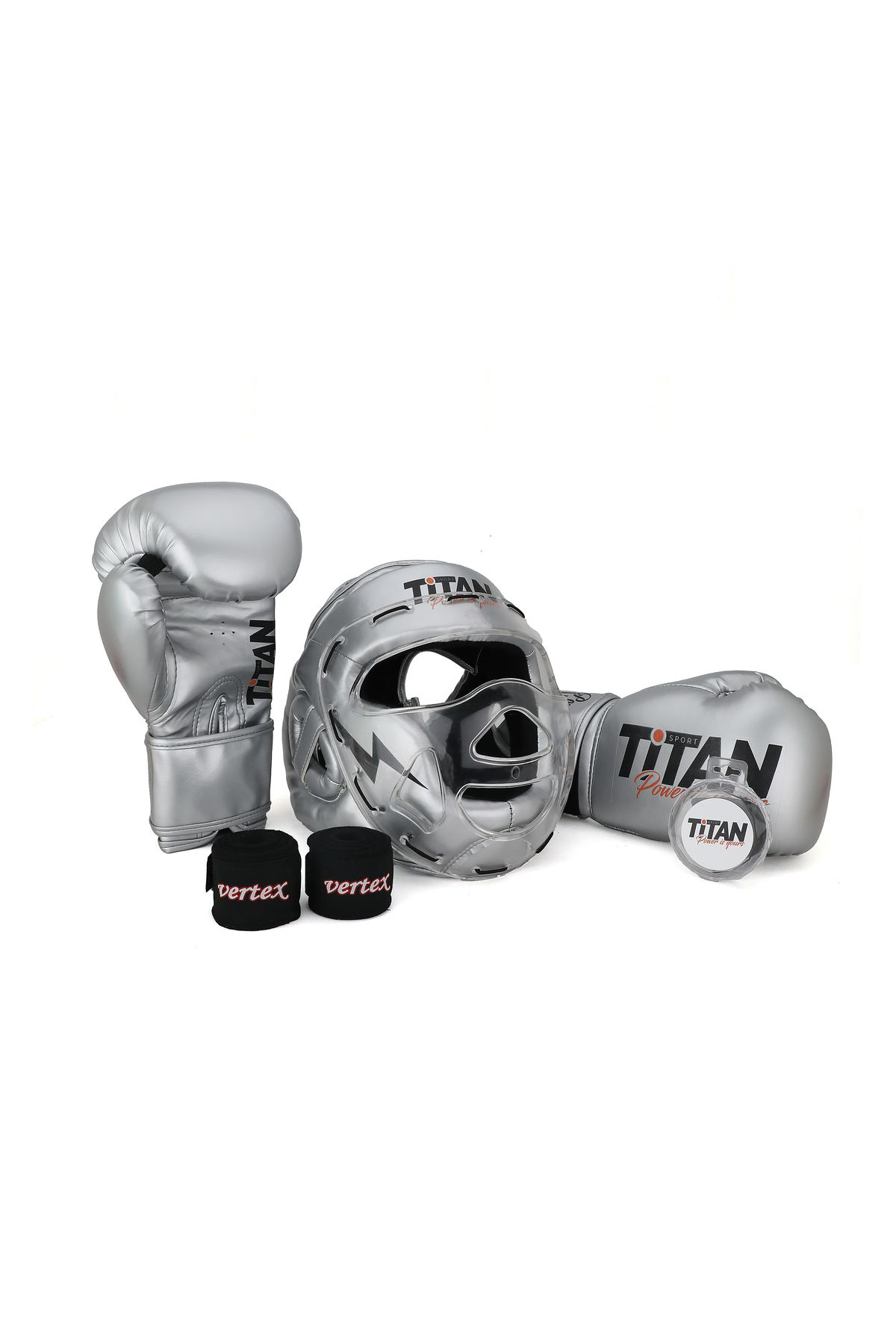 Titan Sport Gümüş (Silver) Serisi Özel Takim Set , Camli Boks Kaski, Boks Eld