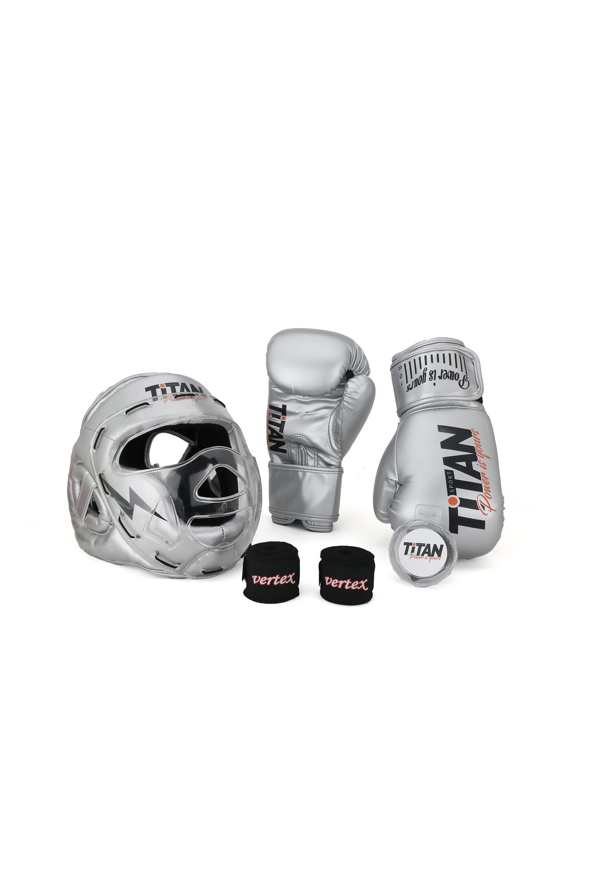 Titan Sport Gümüş (Silver) Serisi Özel Takim Set , Camli Boks Kaski, Boks Eld